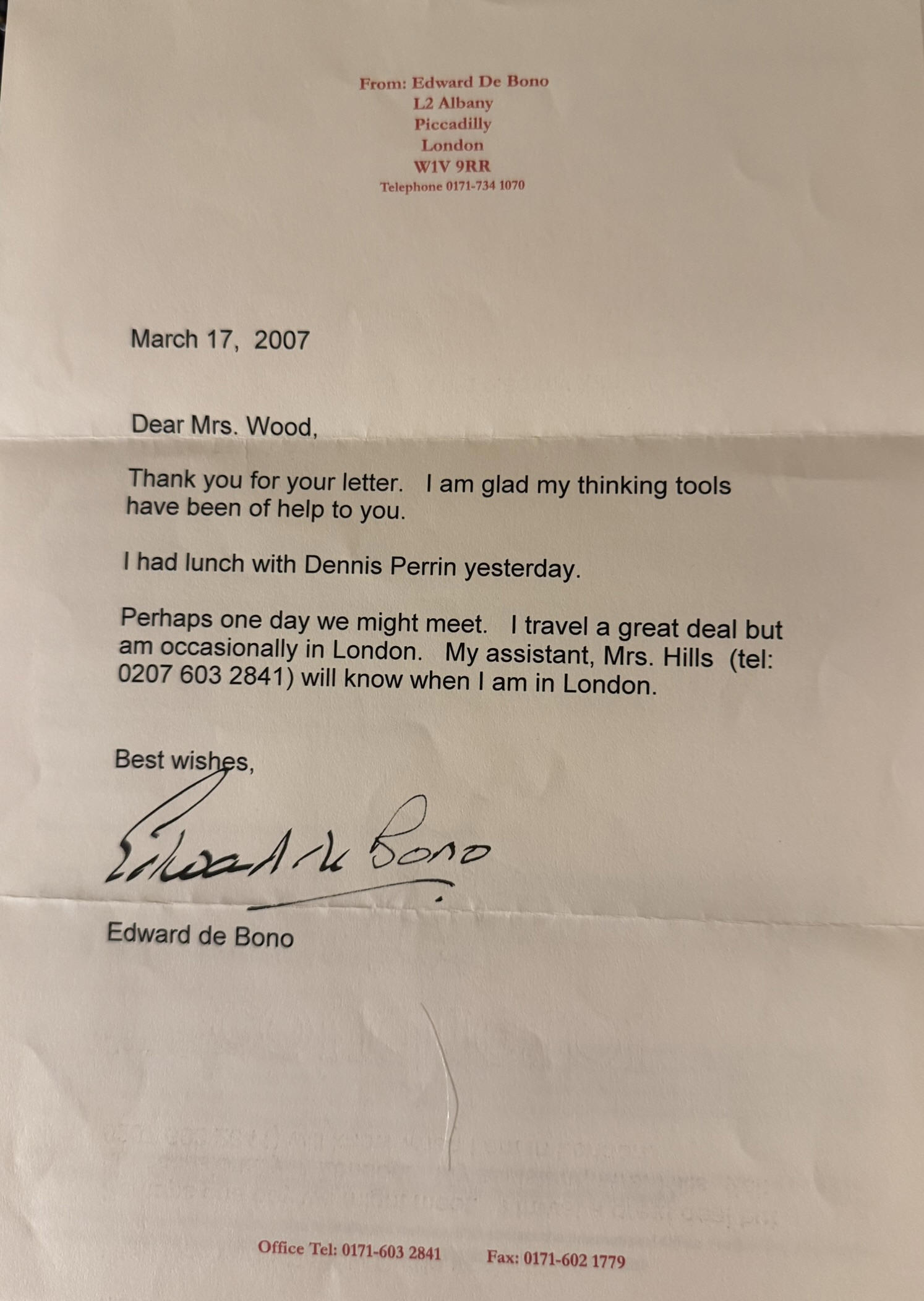 Dr de Bono's letter to Una